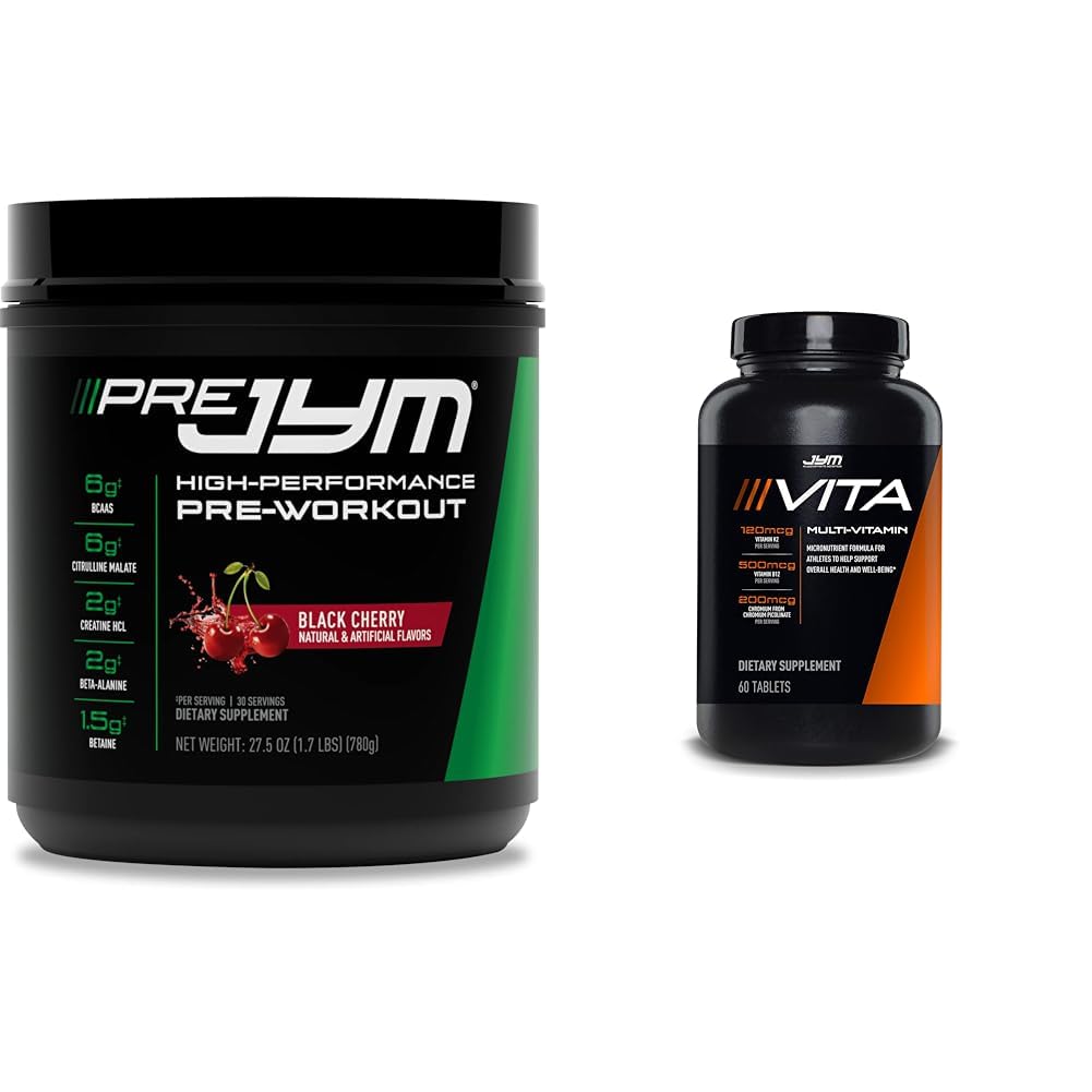 JYM Supplement Science PRE JYM 30 Hizmet - Black Cherry & Vita JYM Sports Multivitamin & Mineral Desteği, A, C, B6, B12, E, K, Boron, Biotin, Pyum 60 Tabletler