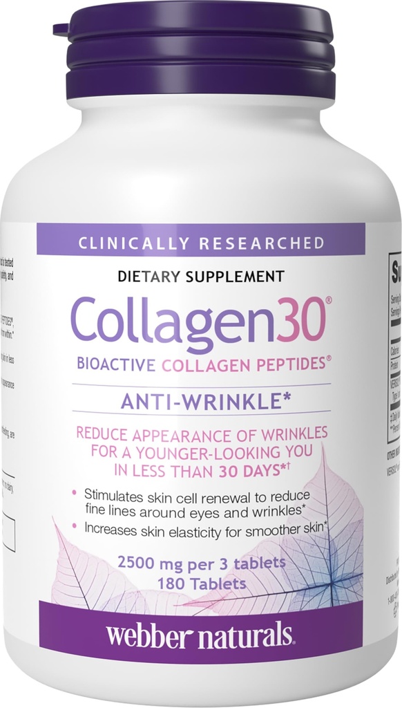 Webber Naturals Collagen30 Anti-Wrinkle, 500 mg of Bioaktif Collagen, Per Servis, 180 Tablet, Derin Wrinkles, Fine Lines & Stimulates Skin Hücreleri, GMO, Dairy & Gluten Free
