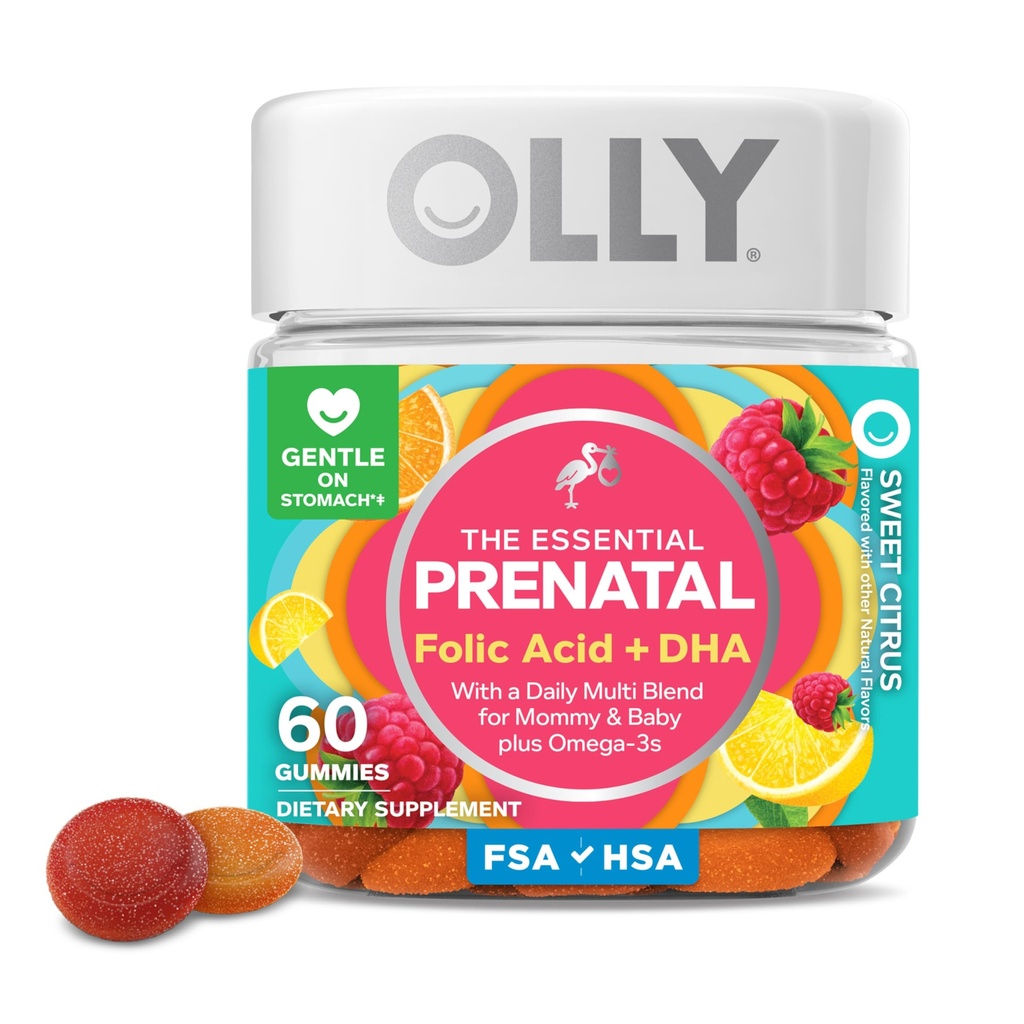 OLLY Prenatal Multivitamin Gummy, Sağlıklı Büyüme ve Beyin Gelişimi, Folic Asit, Vitamin D, Omega 3 DHA, Chewable Supplement, Citrus Berry Flavor, 30 Day Supply - 60 Count