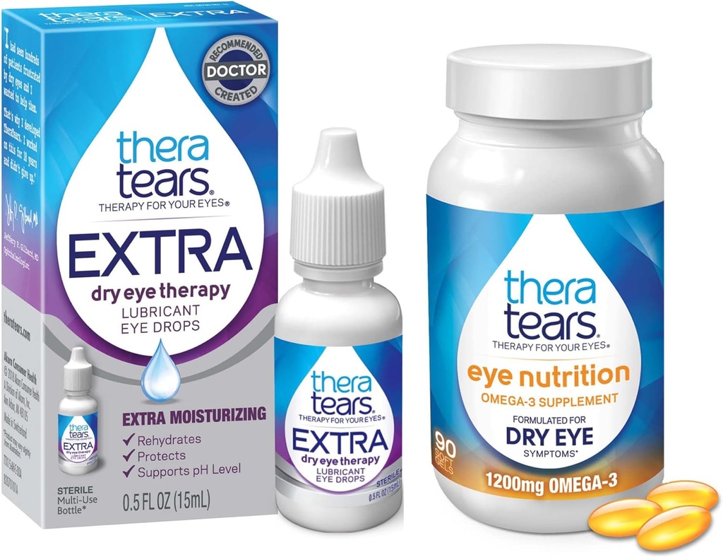 TheraTears 1200 mg Omega 3 Supplement for Eye Beslenme,Organic Flaxseed Triglyceride Fish Oil & VIT E,90 Kont Eye Drops, Ekstra Kuru Eye Therapy,15 mL,0.5 Fl oz