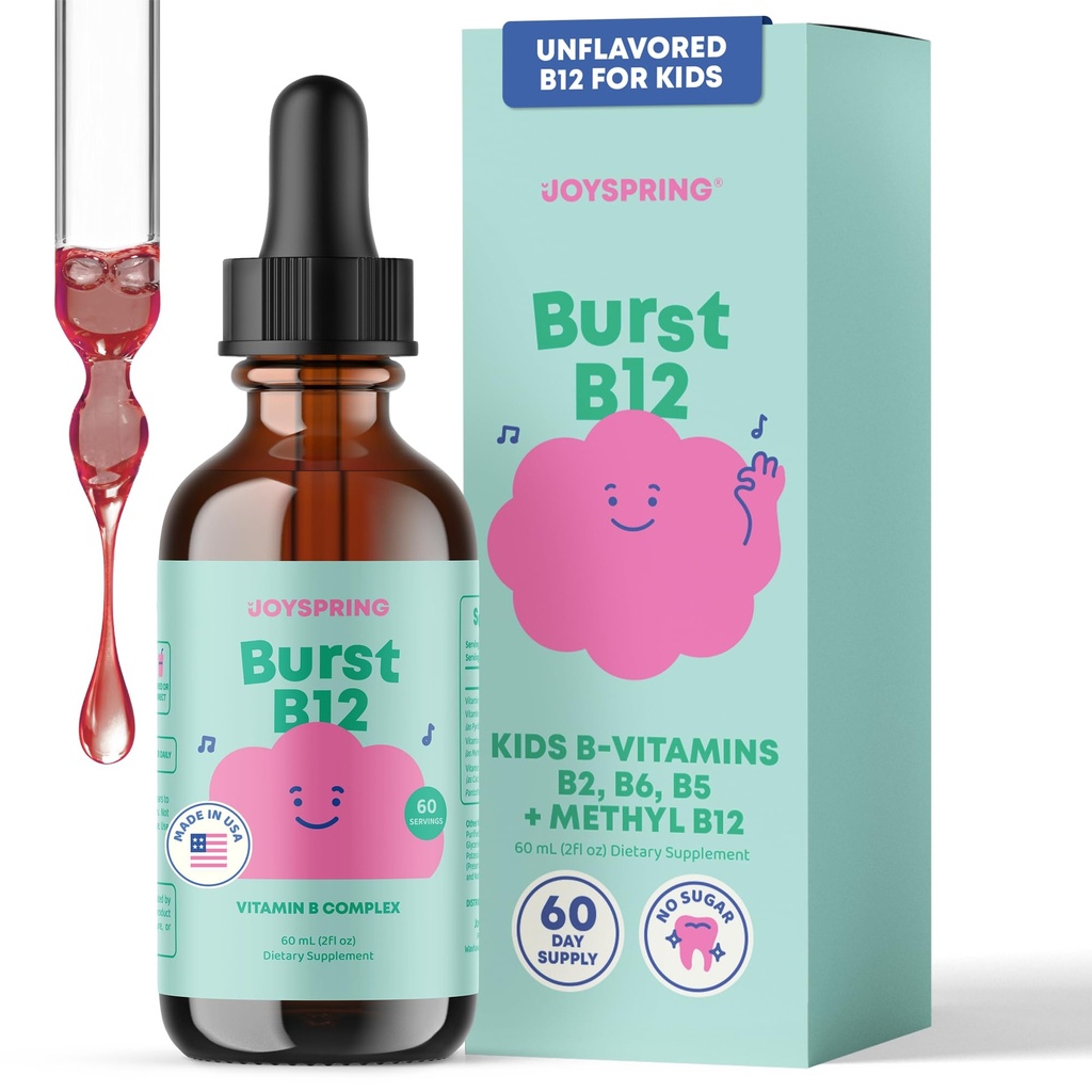 JoySpring Burst B12 Drops - Çocuklar için B Kompleks (2 fl oz) B2, B6, B5 + Mecobalamin B12 Çocuklar Sağlıklı Büyüme ve Geliştirmeyi Desteklemek için Tamamlandı, B Vegan B12, 2-16+ | 60 Hizmetler