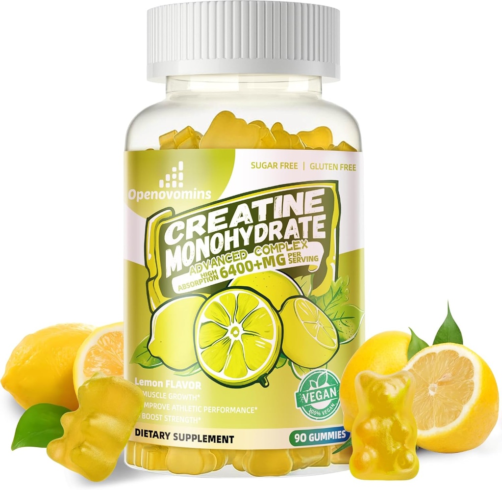 Erkekler ve Kadınlar için Kreatif Monohidrat Gummies Kompleksi - İleri Formula W/L-Taurine + Vitamin B12, Sugar Free Chewable Supplement,90 Limon Gummies