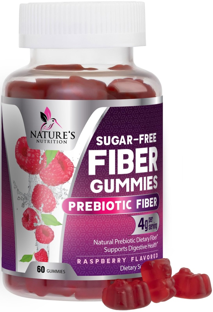 Prebiyotik Fiber Gummies 4g - Sugar Free Gummy Fiber Supplement for Adult's Digestive Health & Regularity Support - Natural Raspberry Flavor, Plant Based Mix, Non-GMO & Gluten Free - 60 Gummies