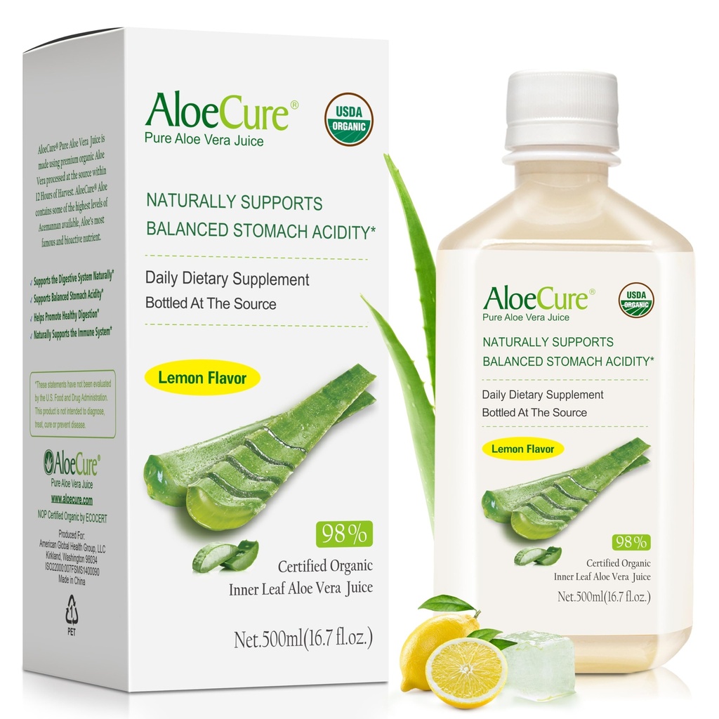 AloeCure USDA Organic Aloe Vera Juice Lemon Flavor - Made Within 12 Hours of Harvest - Natural Digestive Supplement for Balanced Stomach Acidity - Support Digestive and Immune Health - 1 Btl x 16.7oz