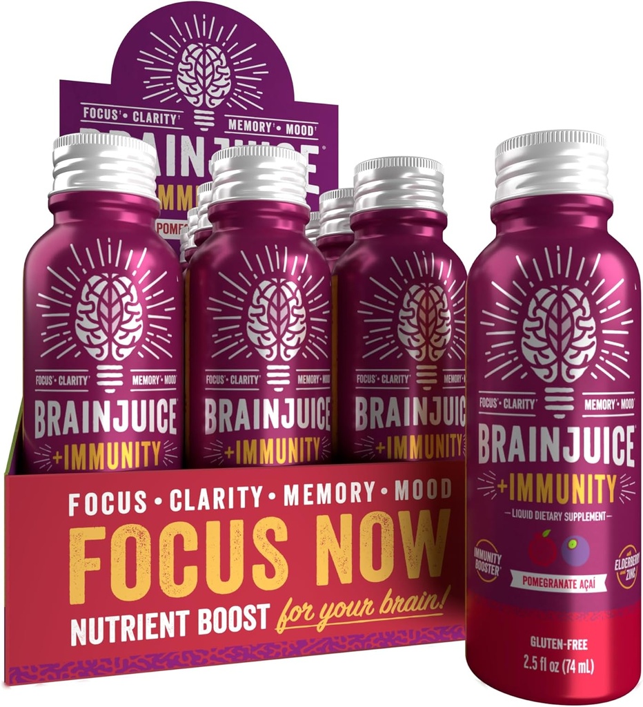 BeyinJuice Beyin ve Immune Support Shot, Gluten Free Supplement Shots for Energy, Focus, Immunity with Vitamin D, C B, Alpha GPC & Organic Ginger Root, Pomegranate Acai, 2.5 fl oz, 12 Pack