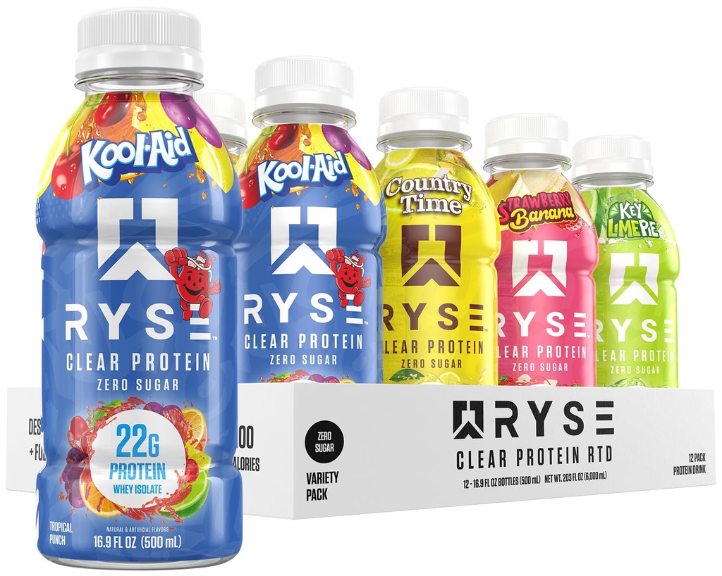 RYSE Clear protein İçilir - Çeşitli Paket - 100 Calories, 22g Whey Isolate Protein Shake, Sugar-Free, 0g Fat & Lactose-Free - Yenilenme Hazır-Drink İçecek - 16.9 fl oz Şişeler (12-Pack)