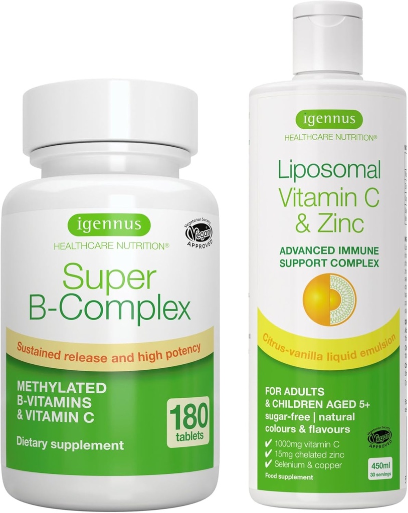 Super B-Complex + Liposomal Vitamin C 1000 mg & Çinko Vegan Sche, Meksit Sustained Release B Kompleksi & High Abxia Liquid Immune Support Complex, by Igennus
