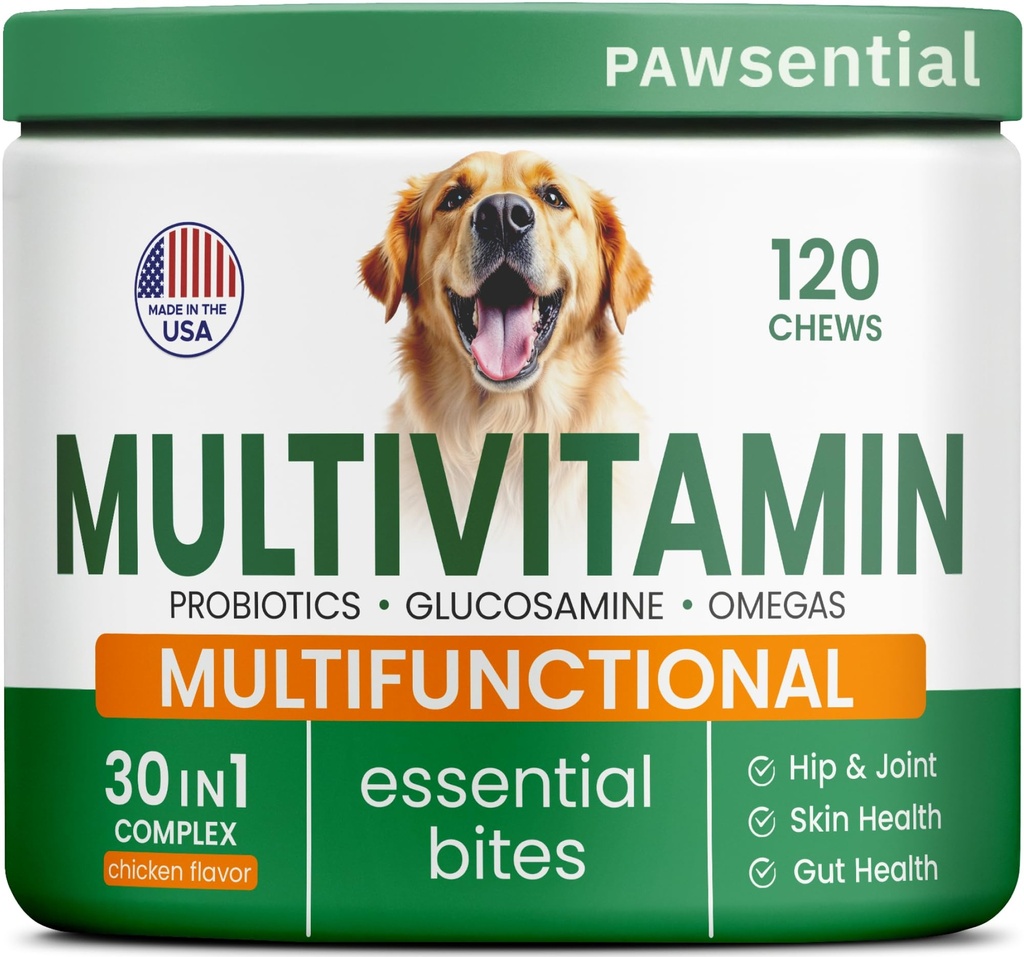 Köpek Vitaminleri + Glucosamine - Chewable Multivitamins + Probiyotikler, Omega - Hip & Ortak Destek, Skin & Coat, Gut Health - Adult & Senior - Large & Small Breed - 120 Chews