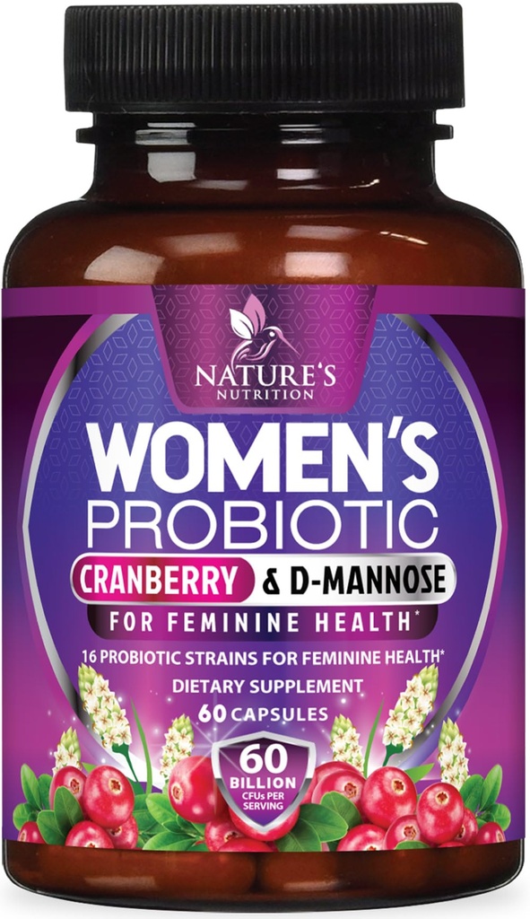 Kadınlar için 60 Milyar CFU - 16 Strains, Prebiyotiks & Cranberry, PH Balance, Digestive Health, Vaginal & Immune Support, Womens Probiyotik for Gut Health, Raf Stable - 60 Capsules & Cranberry