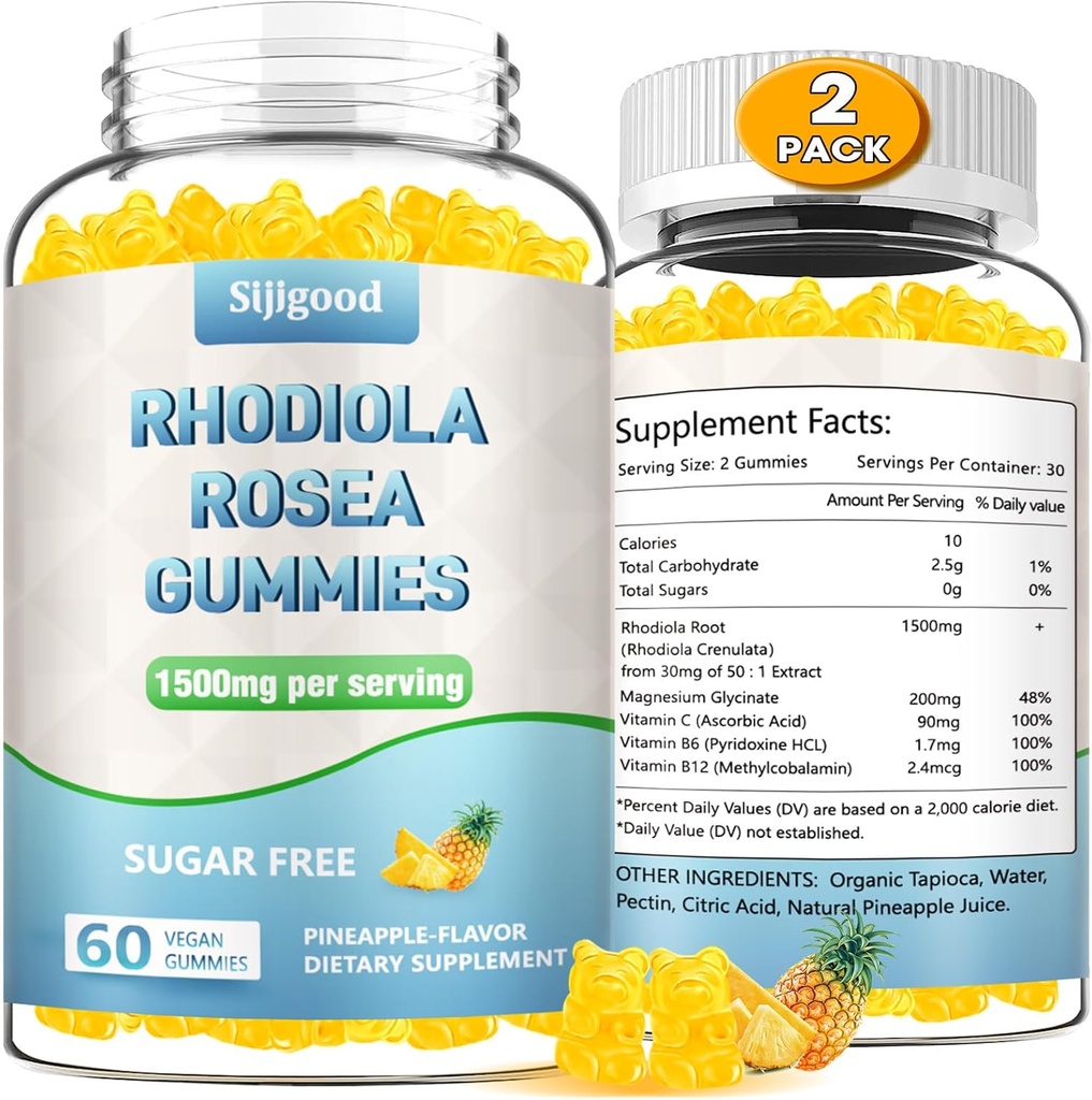 2 Pack Sugar-Free Rhodiola Rosea Gummies, Adaptojenik Rhodiola Rosea Supplement & Cortisol Blocker for Advancedd Stamina, Mood Elevation ve Motivasyon Boost, Non-GMO, Vegan, 120 Count