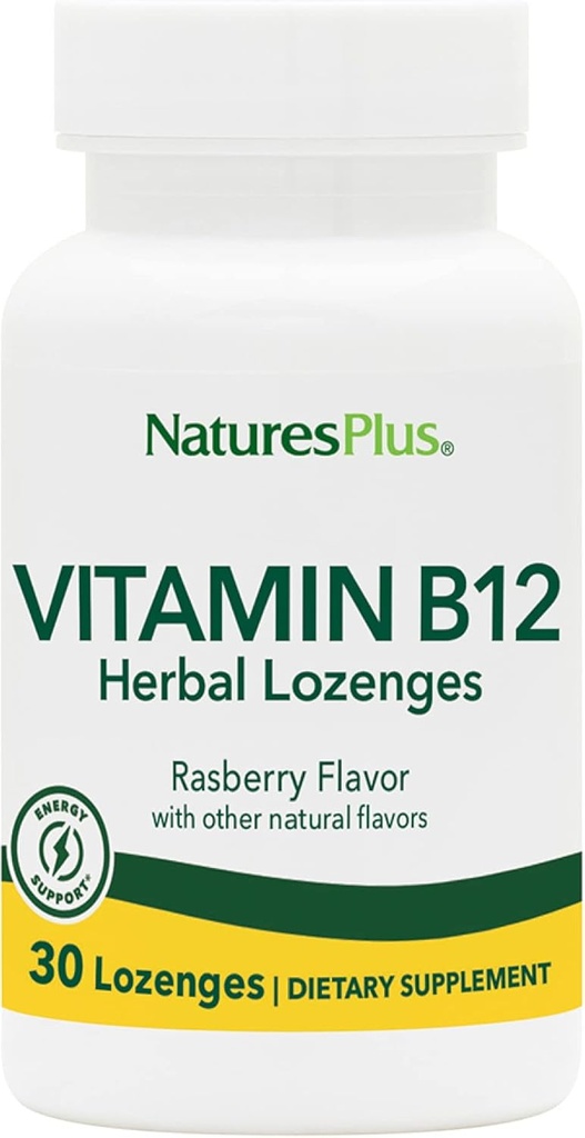 Natures Plus B12 Herbal Lozenges (Methylcobalamin) - 1000 mcg, 30 Sublingual Lozenges - Raspberry - En Az Apsiyon Kırmızı Kan Hücre Desteği - Enerji ATM - Vejetaryen, Gluten-Free - 30 Hizmet