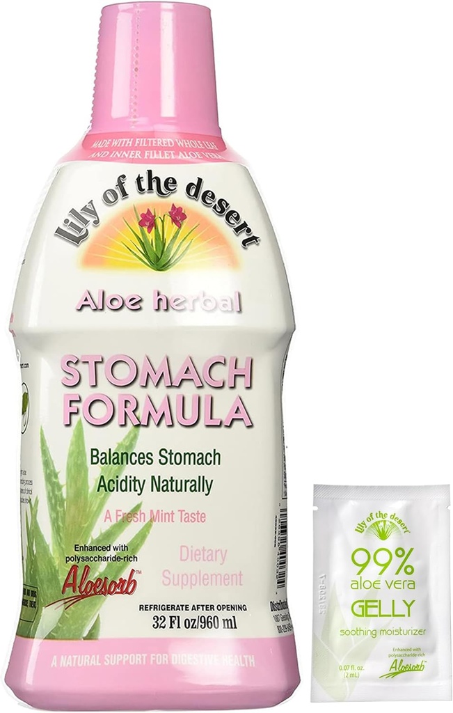 Lily of The Desert Stomach Formula, Organic Aloe Vera Juice with Slippery Elm, Chamomile, Peppermint, and Ginger for Gut Health, Acid Reflux, Heartburn Relief, 32 Oz, Gelly Sachet Included.