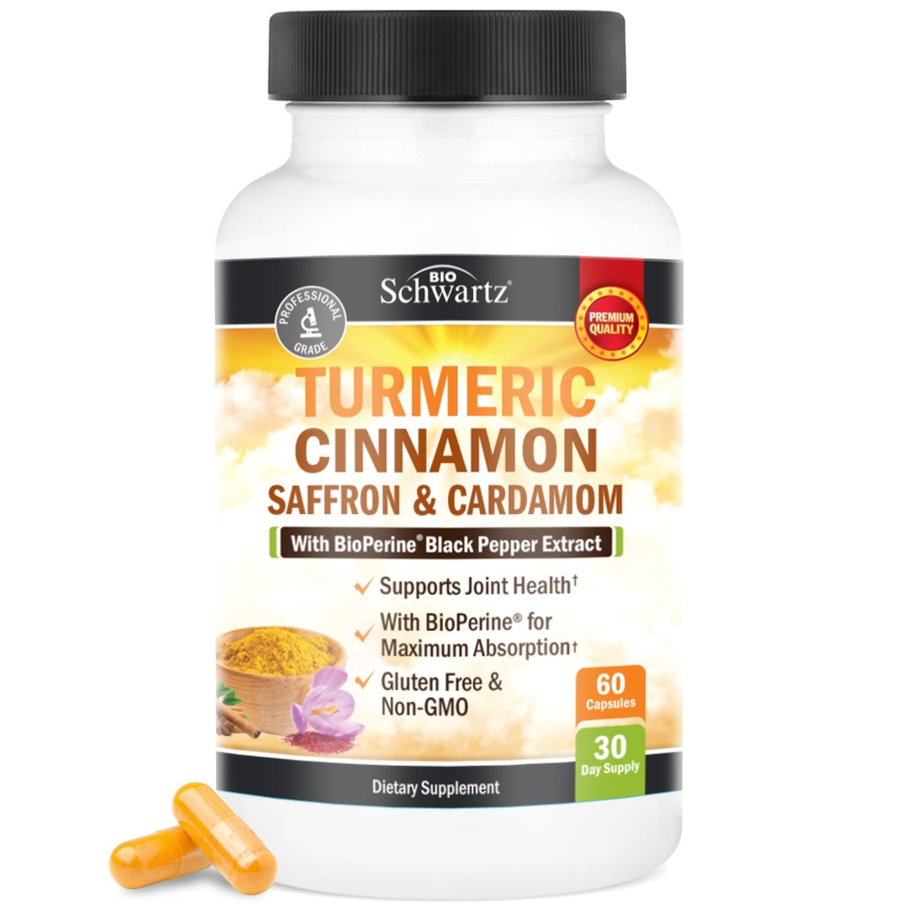 Turmeric Supplement with Saffron, Cinnamon and Cardamom Plus BioPerine Black Pepper Extract for Optimal Abors, Natural Tumeric Curcumin Ortak Destek Supplement for Women and Men, 60 Capsules