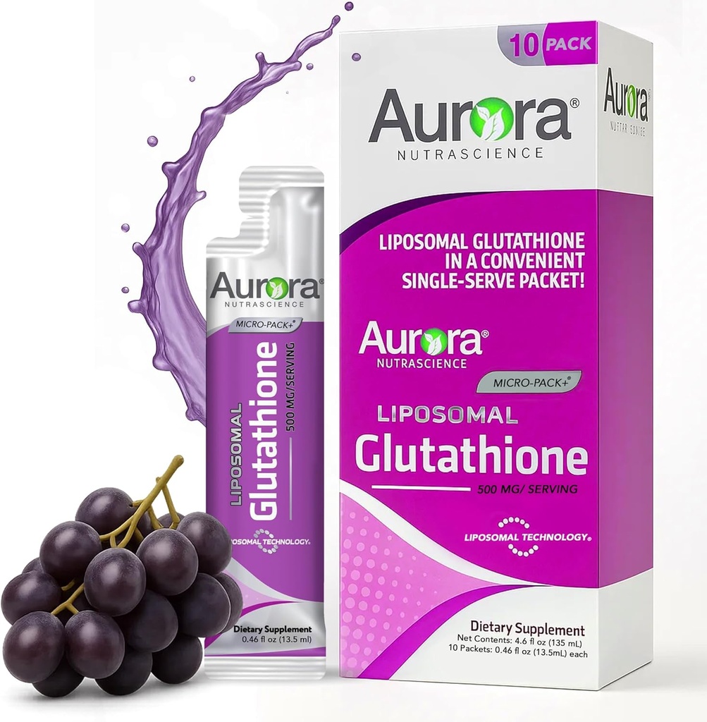 Aurora Nutrascience Micro-Liposomal Liquid Glutathione, Immune & Antioksi Gut Health Support Supplement, 500 mg per Service, Gluten Free, Non-GMO, Sugar-Free, 10 Single-Serve Packets