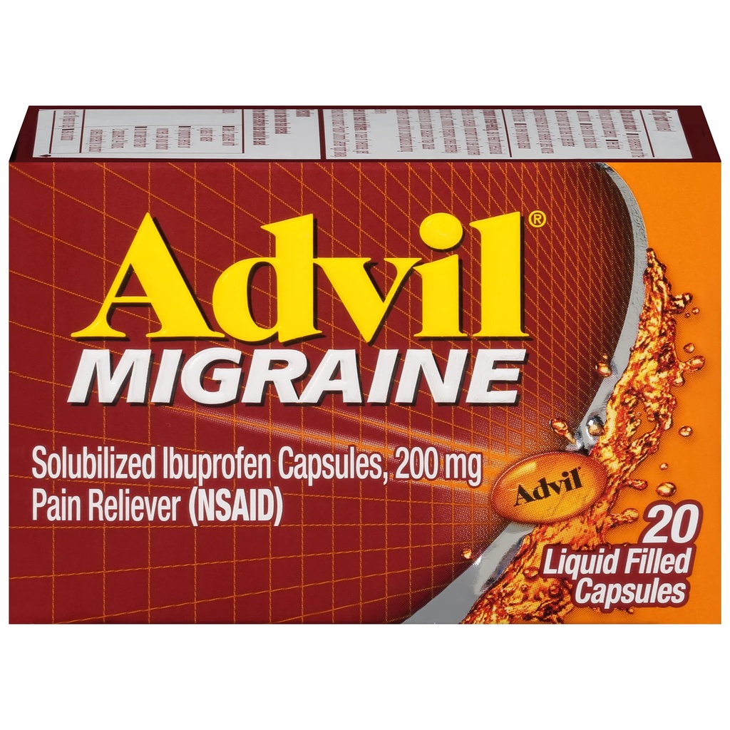 Advil Migraine Headache Relief, Ibuprofen Capsules with Ibuprofen 200 mg for Migraine Relief, Nausea Relief and Light Hassasity Relief - 20 Liquid Filled Capsules