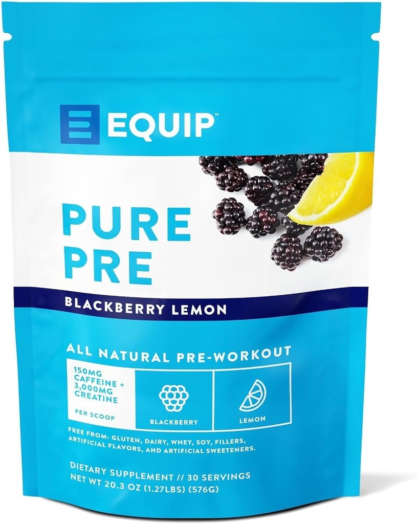 Equip Foods Pure Pre All Natural Pre-Workout Toz | Green Tea Caffeine, Sea Salt, EAA, C, B6, B12, L-carnitine, Agnine | Doğal Boosts Workouts | 30 Hizmet, BlackBerry Lemon Cinated