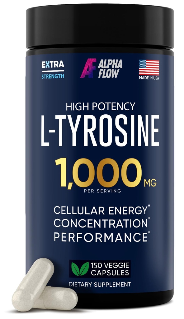 Alpha Flow L Tyrosine 1000MG Capsules - Focus & Energy Boost için All- Natural L- Tyrosine Supplement - Non-GMO & Gluten-Free - Vegan 150 Caps -500 mg x 2 hizmet başına