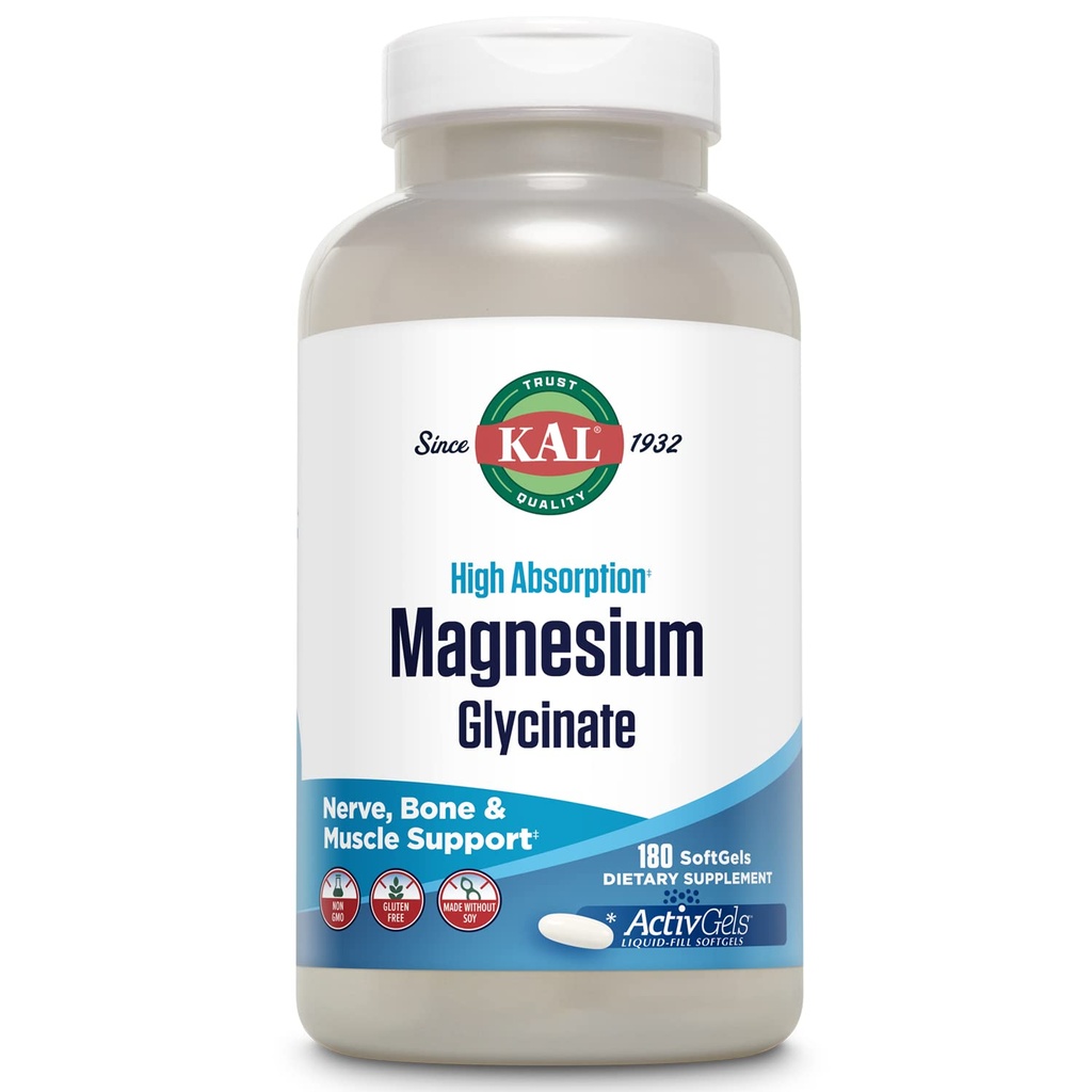 KALEM Glycinate ActivGels 315 mg, Tam Chelated, High Abxia Magnezyum Supplement for Relaxation, Muscle & Bone Support, Non-GMO, Gluten Free, 60 Hizmet, 180 Softgels