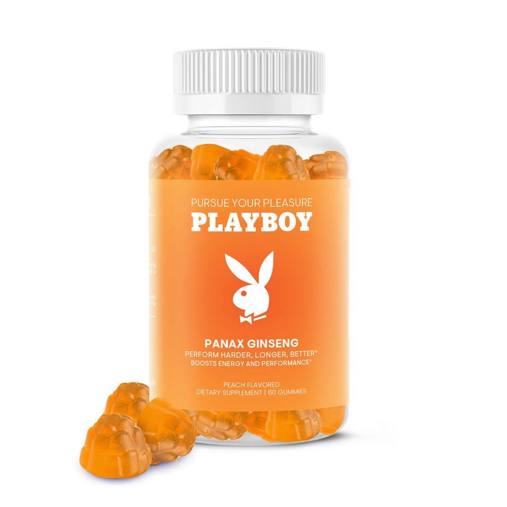 Playboy – Ginseng Gummies (60 Kont - Peach Flavored) - Harder, Longer, Better - Panax Clooney Erkekler ve Kadınlar için Gummy -% 100 Natural, Vegan Non GMO Macintosh Root 6:1 Extract