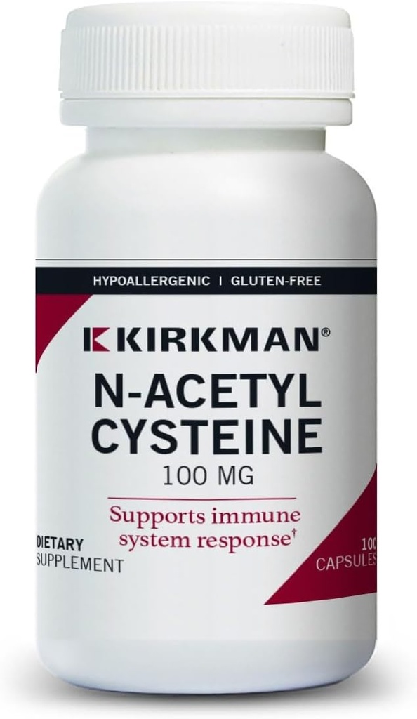 Kirkman N-Acetyl Cysteine100 mg - Hipoallerjen || NAC || 100 Vegetarian Capsules || Gluten and Casein Free || Antioksi || Supports Immune Response System.