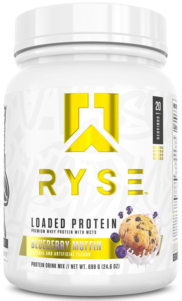RYSE, Protein Tozu - Blueberry Muffin - 25g Whey Protein Isolate & Yoğun Fiber & MCTs - Low Carb, Low Sugar, Digestive-Friendly - 20 Hizmet / 1.5 lb Tuba