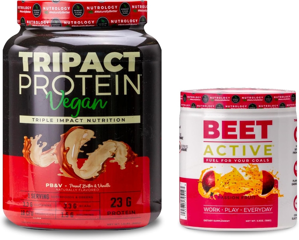 Nutrology TRIPACT Vegan Protein Tozu, Vegan Protein Shakes, Peanut Butter Vanilla (20 hizmet) & Beet Active, Natural Pre-Workout Toz, Passion Fruit Flavor (30 hizmet)