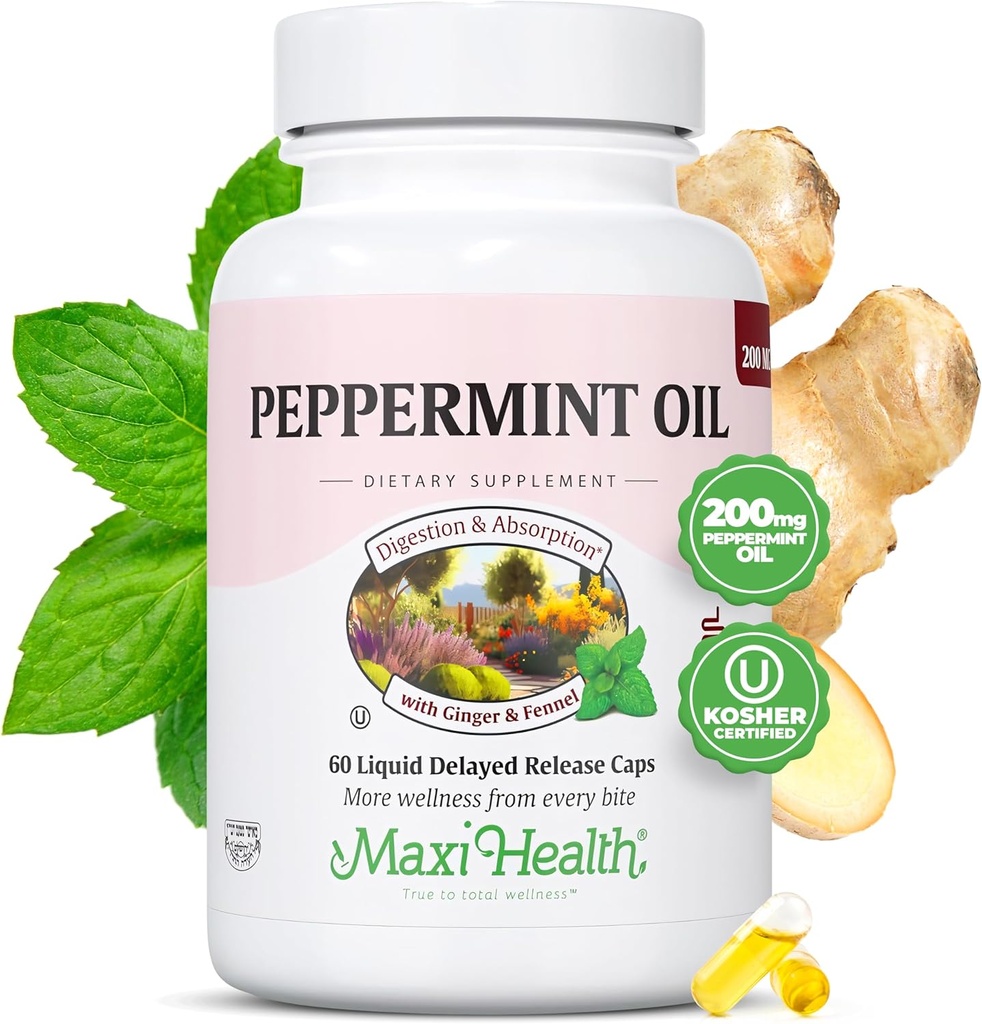 Maxi Health Peppermint Oil Capsules – Organik Ginger Oil & Fennel Gecikmiş Yayın Kapsülü – Digestive Kosher Peppermint Supplement for Digestive Support (60 Capsules)