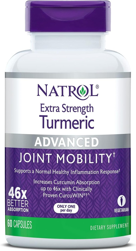 Natrol Ekstra Güçlü Turmeric, Ortak Sağlık için Diyetsel Supplement, Yetişkinler için Turmeric Supplement, 60 Capsules, 60 Day Supply