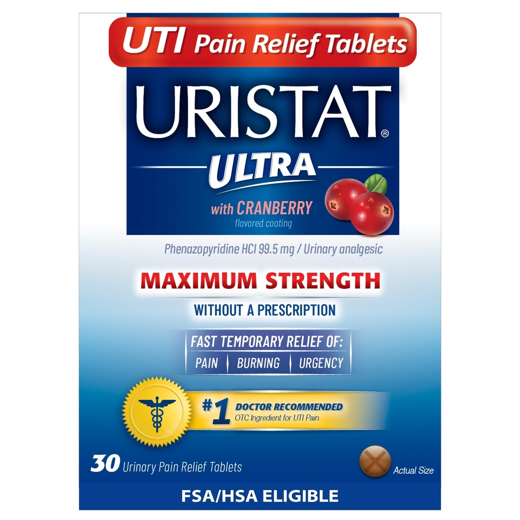 Uristat Ultra UTI Pain Relief Tabletleri, Fast Urinary Tract Enfeksiyon Urinary Pain, Comb, Urgency, Maximum Strength, Cranberry Flavored Kaplama, 30 Tabletler,