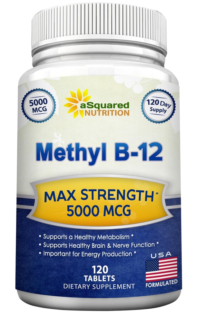 ASquared Beslenme Vitamin B12-5000 MCG Methyl B-12 (Methyl B-12) ile Tamam - Max Strength Vitamin B 12 Doğal Enerji, Yararlı Beyin ve Kalp Fonksiyonları - 120 Tablet