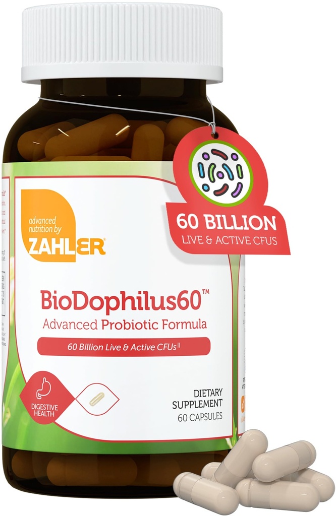 Zahler BioDophilus60, 60 Billion CFU Probiotic + Prebiotic - 11 Strains Daily Probiotic Supplement - Kosher Probiotics for Women for Digestive Health, Probiotics for Men for Gut Health (60 Capsules)