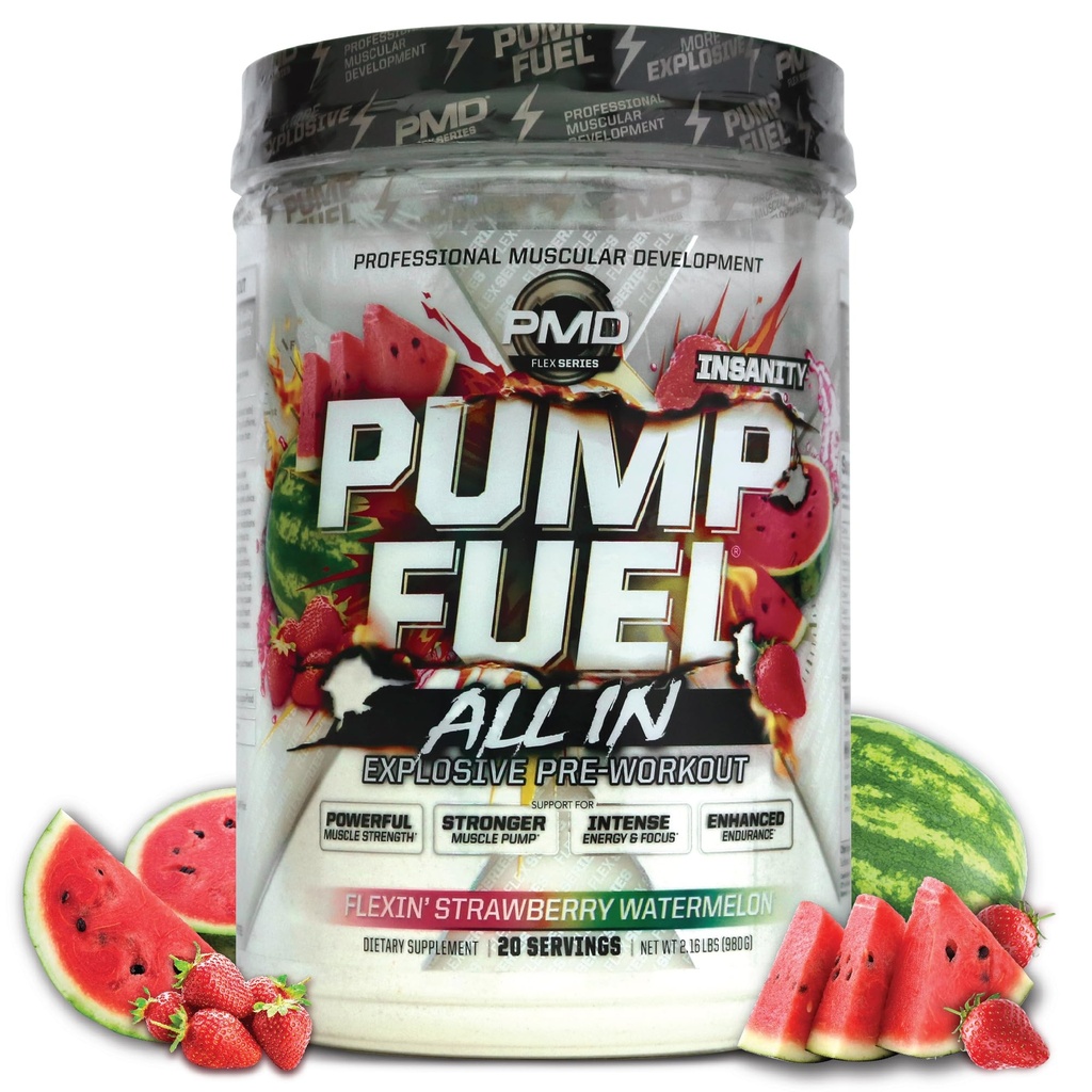 PMD Sports Pump Fuel All in Insanity, Ultimate Pre Workout & Muscle Pump, Maximum Strength Energy, Focus, Endurance & Recovery, Creatine & Beta Alanine, Flexin' Strawberry Watermelon, 20 Servings