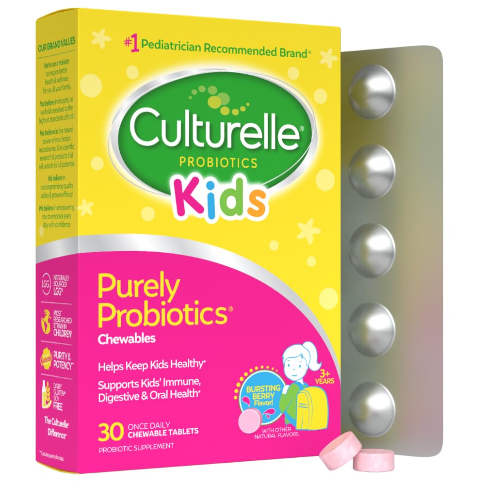 Culturelle Kids Chewable Daily Probiotic for Kids, Ages 3+, 30 Count, #1 Pediatrician-Recommended Brand, Natural Berry Flavored Daily Probiotics for Digestive Health, Oral Care & Immune Support