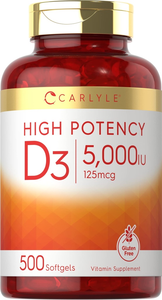 Carlyle Vitamin D3 5000 IU Softgels | 500 Kont | Değer Boyutu | No-GMO ve Gluten Free Supplement | Yüksek Potency Formula | 12506