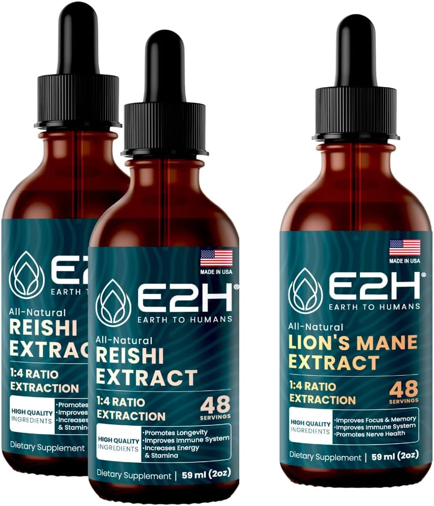 E2H: Reishi (2 Pack) & Lion's Mane Extracts - Energy, Longevity, Cognitive Sharpness, Immunity - Non-GMO, Vegan - 2 Fl Oz Her (6 Fl Oz Total) - Sche