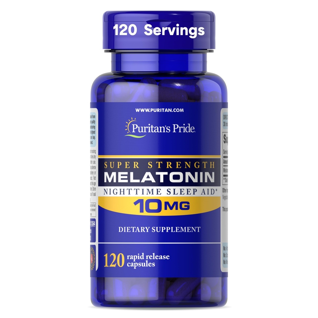 Puritan's Pride Premium Super Strength Melatonin 10 mg Sleep Aid, Dietary Supplement for Sound, Restful, and Longer Sleep Support, 4 Ay Supply, 120 Hızlı Yayın Kapsülleri (Pazar Mayıs Vary)
