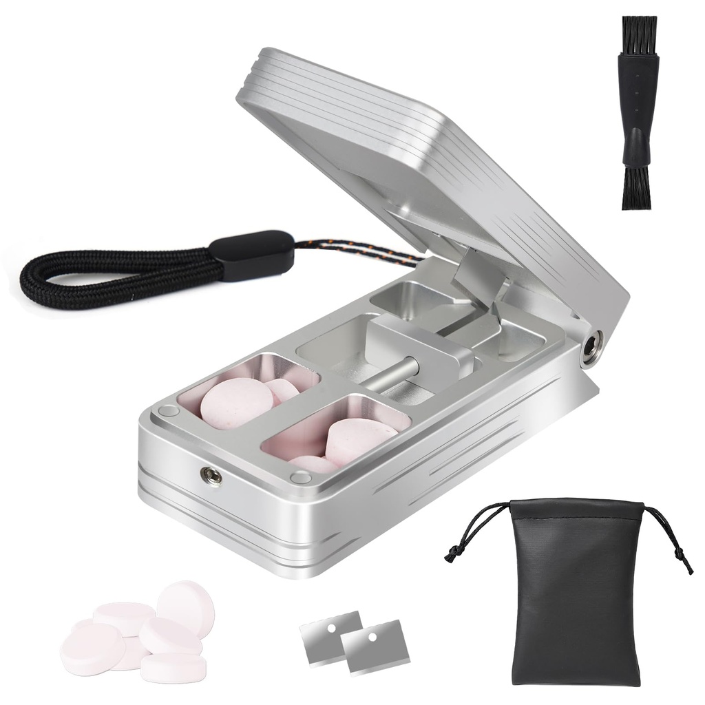 Küçük ve küçük Pills için Pill, Profesyonel alüminyum Pill Auto Centering Device ve 2 Değiştirilebilir Paslanmaz Çelik Bıçaklar, Portre Pill Splitter with PU Case (Silver)