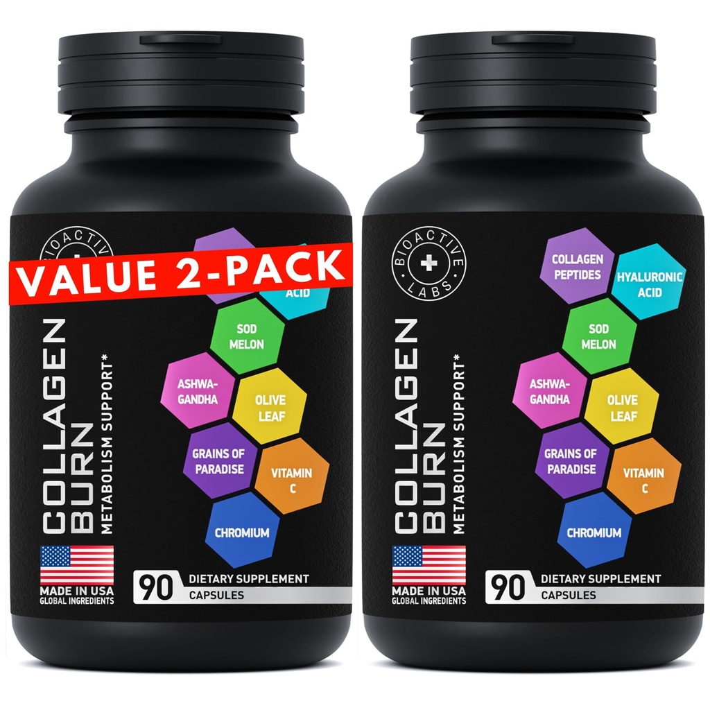 Thermogenic Multi Collagen Burn - 1,000mg Hydrolyzed Collagen Peptides Type I, II, III, V, X Plus Hyaluronic Acid - Metabolism, Cellulite, Skin, Hair, Nails Support - 2-Pack, 180 Collagenic Burn Caps