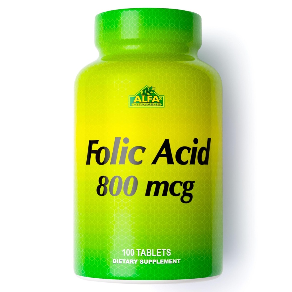 ALFA VITAMINS Folic Acid 800 mcg Prenatal Supplement, Supports Cardiovascular Health, Body & Brain Functions, Red Blood Hücre Formasyon & Sağlıklı Fetal Development, Diyet Tamam, 100 Tablet