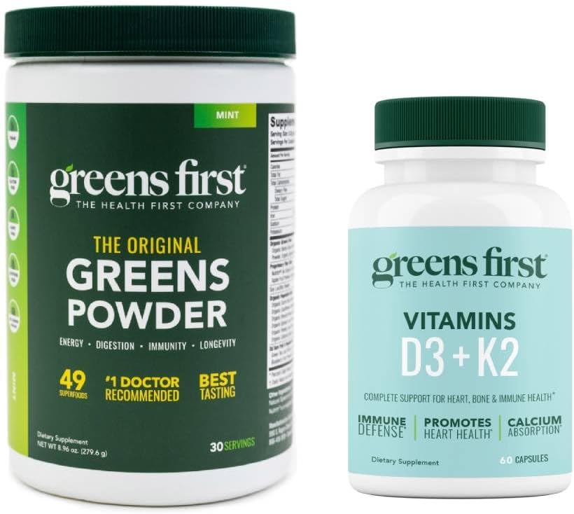 Greens First - Mint - 30 Hizmet - Greens Toz Superfood, 49 Superfoods, 15+ Organik Meyve & Sebzeler, Süt Free, Vegan & Non-GMO - 9.86 oz ve D3+K2 Vitaminleri, 60 Sebze Kapsülleri