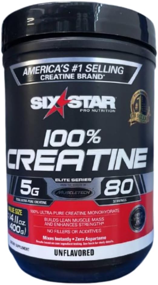 Six Star Kretine Monohidrat Elite 100tine Monohidrat Toz | Post Workout Muscle Recovery & Muscle Builder | Micronized Kretine Toz | Mass Winer | Unflavored (80 hizmet)