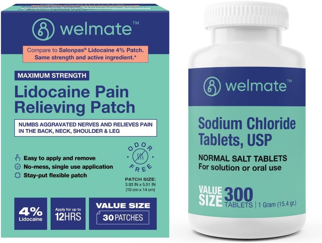 WELMATE Recovery Sche: sodyum Chloride Tabletler, 300ct + 4% Lidoka Numbing Patch 30 ctt
