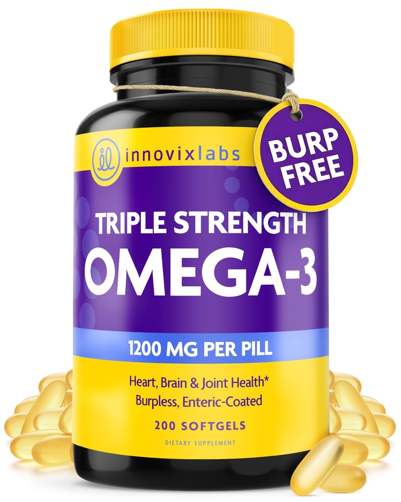 InnovixLabs Triple Strength Omega 3 Supplement, Burpless Fish Oil for Women and Men - 900 mg EPA & DHA, Beyin & Ortak Destek, Ödül ve Üçüncü Partili Test Edildi, 200 Softgels