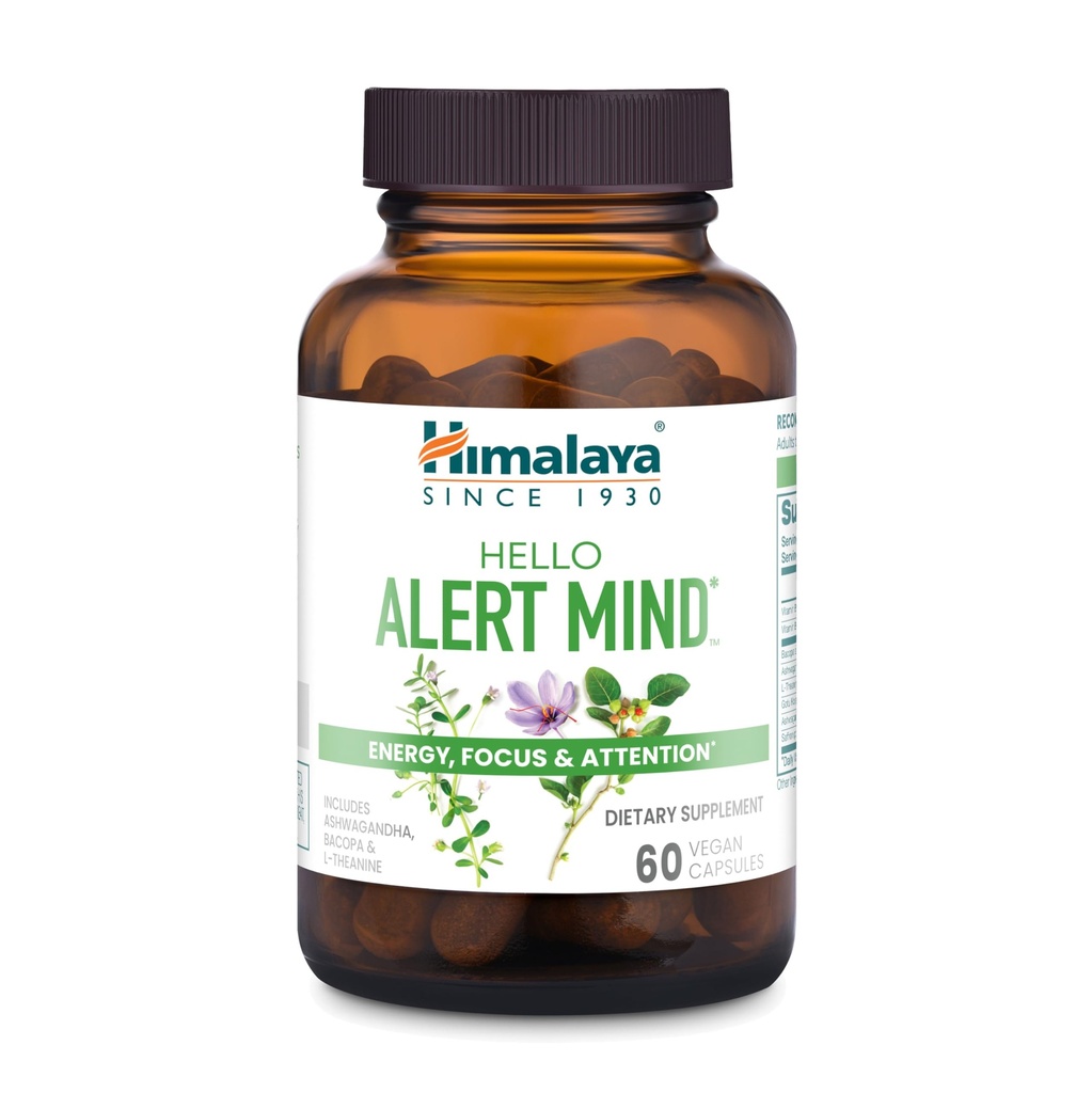 Himalaya Merhaba Uyarısı L-Theanine, Ashwagandha, Bacopa, B6 & B12, Enerji için Focus & Dikkat, Vegan, Gluten Free, 60 Capsules