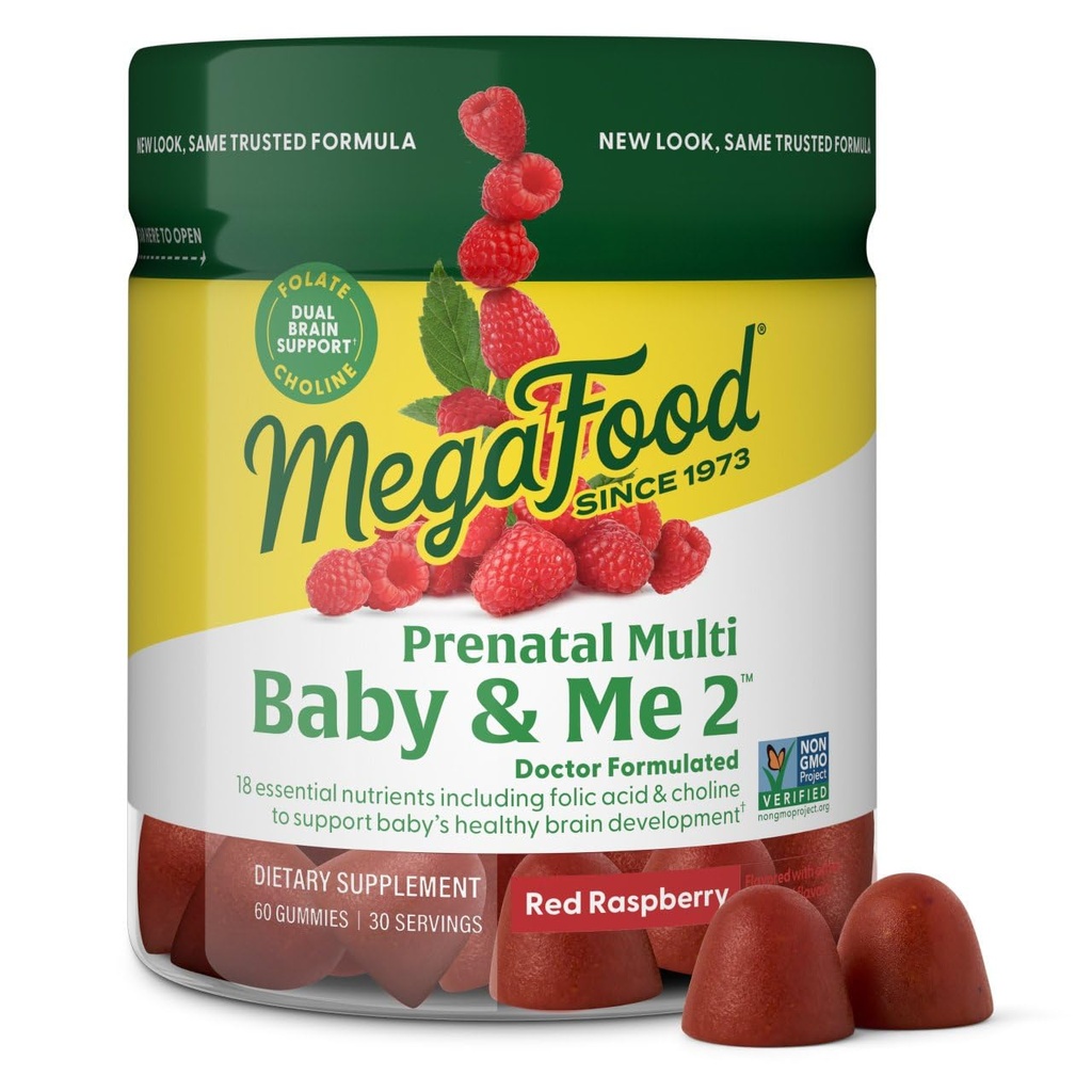 MegaFood Baby & Me 2 Prenatal Vitamins for Women Gummies with Folic Acid and Choline for Baby's Brain Development; Plus Real Fruit- Red Raspberry Flavor - 60 Gummies (30 hizmet)