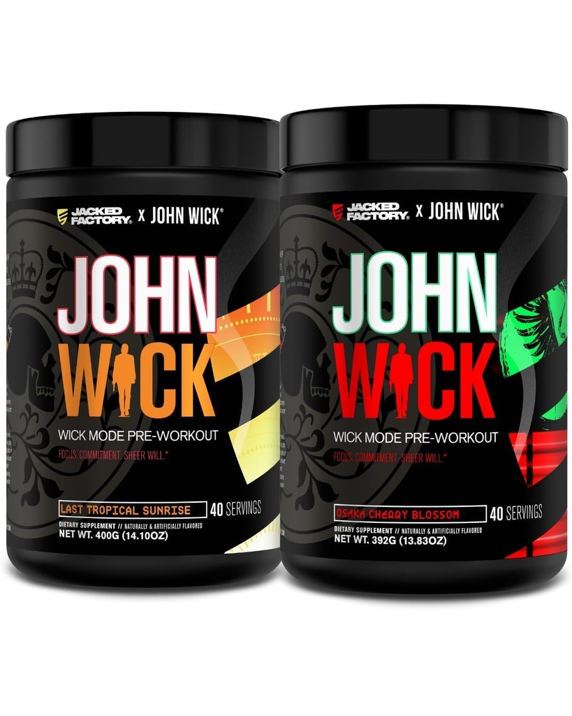 Jacked Factory X John Wick - Wick Mode Pre Workout Toz - Intense Energy, Battle-Ready Focus, Unstoppable Commitment ve Sheer Will - Last Tropikal Sunrise & Osaka Cherry Crash (80 Hizmet)