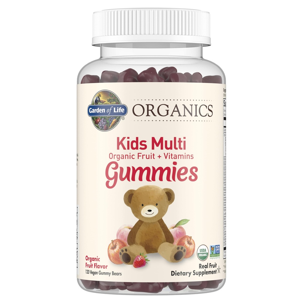Life Organics Kids Gummy Vitamins - Meyve - sertifikalı Organik, Non-GMO & Vegan Çocuk Çok - B12, C & D3 - Gluten, Soy & Dairy Free, 120 Real Fruit Chew Gummies