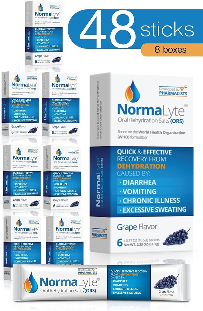 NormaLyte Oral Rehydration Salts-48 Sticks Packs (Yields 500mL per Pack)-Grapes| Energy Supplements, Potassium Supplement, Dehydration Recovery and Quick Absorption