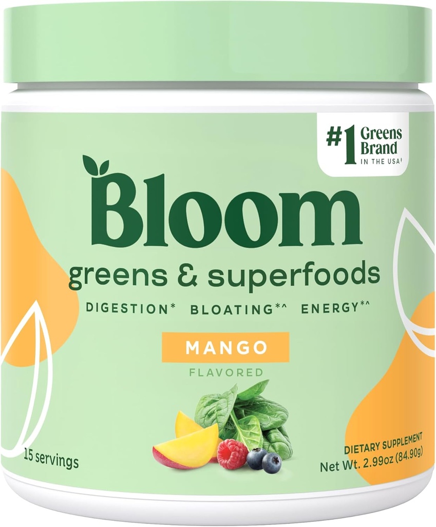 Bloom Beslenme Superfood Greens Toz, Digestive Enzymes w/Probiyotiks & Prebiyotiks, Gut Health, Bloating Relief for Women, Chlorella, 15 SVG (15 Hizmetler 1), Mango)