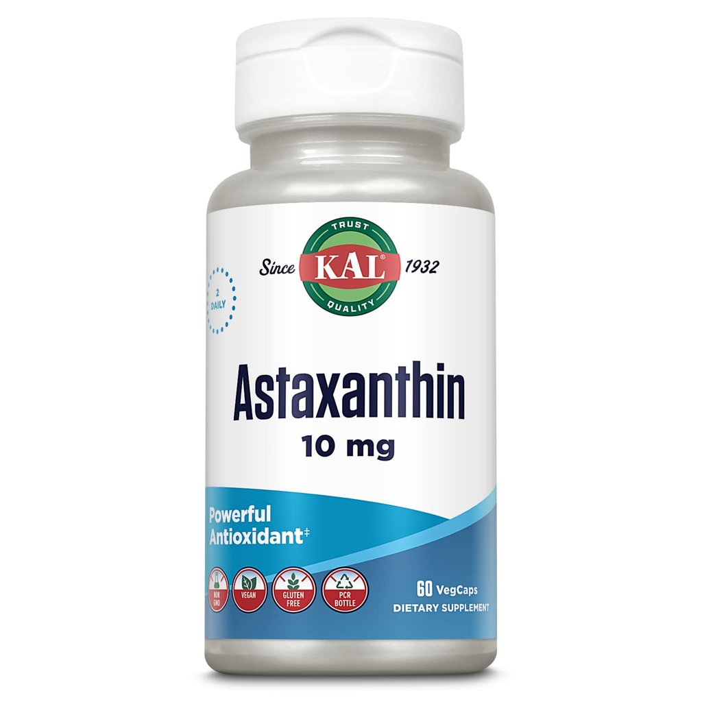 KAL Astaxanthin 10mg, Powerful Antioxidants Supplement, Eye Health and Brain Supplement, From Natural Plant Source, Non-GMO, Vegan, Gluten Free, 30 Servings, 60 VegCaps